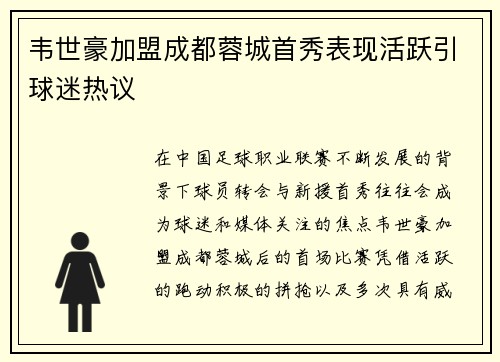 韦世豪加盟成都蓉城首秀表现活跃引球迷热议
